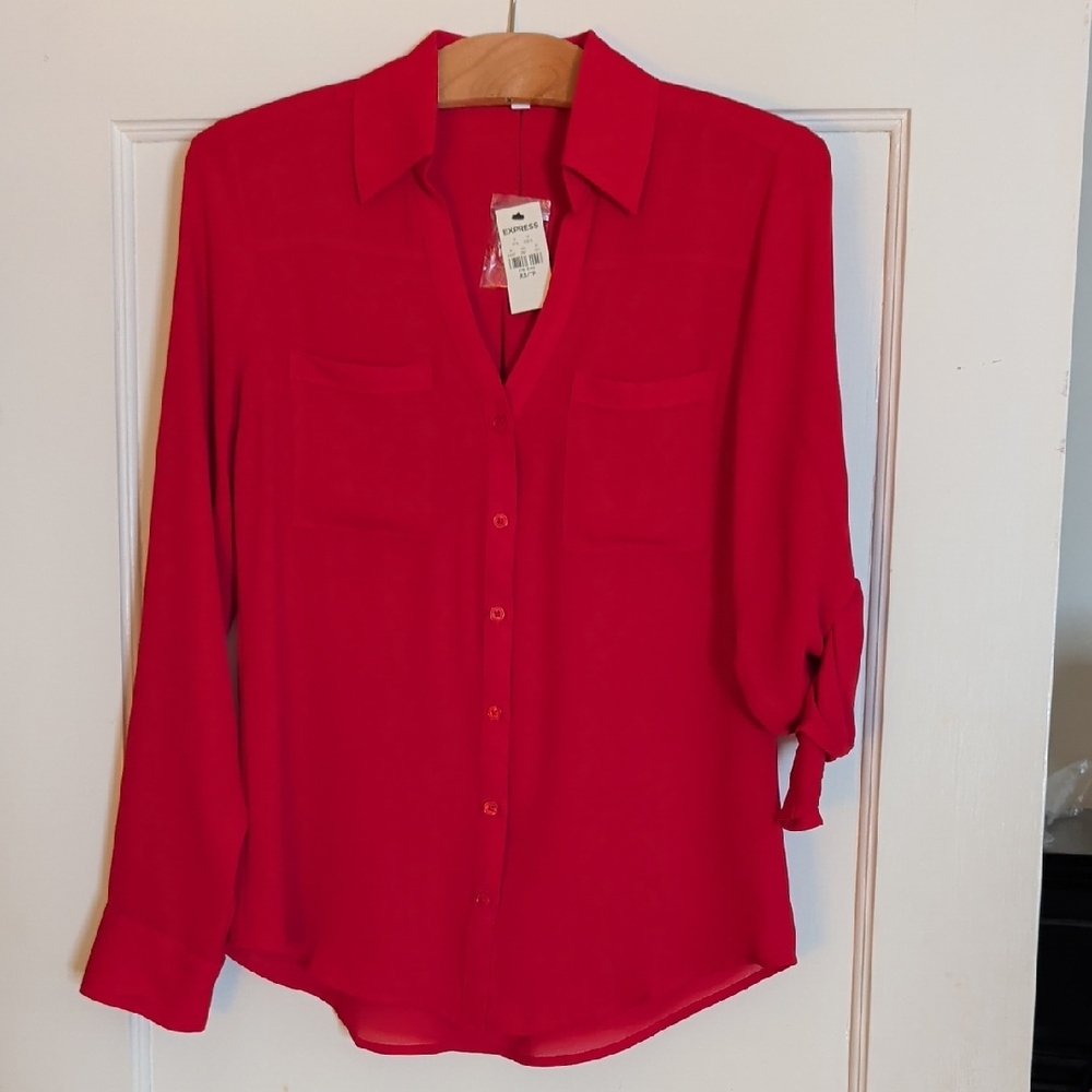 Red Button-Up Collared Blouse NWT - image 1